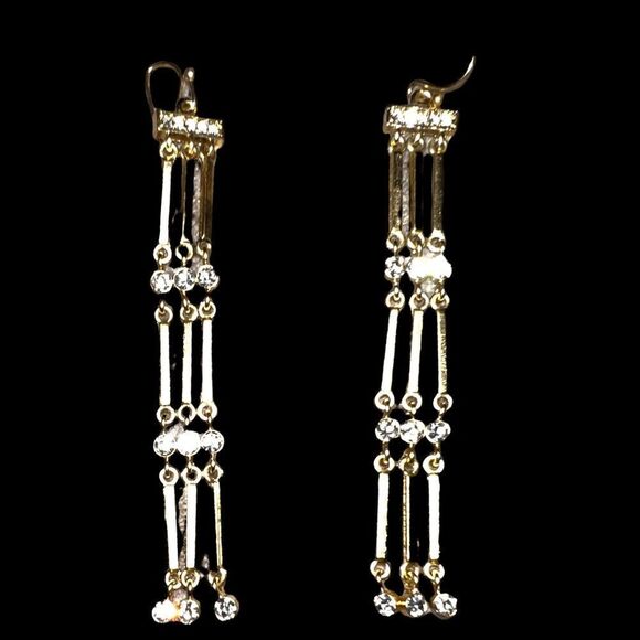Nwot! Pretty gold 3 strand dangling earrings with rhinestone design ( costume) - Picture 6 of 7